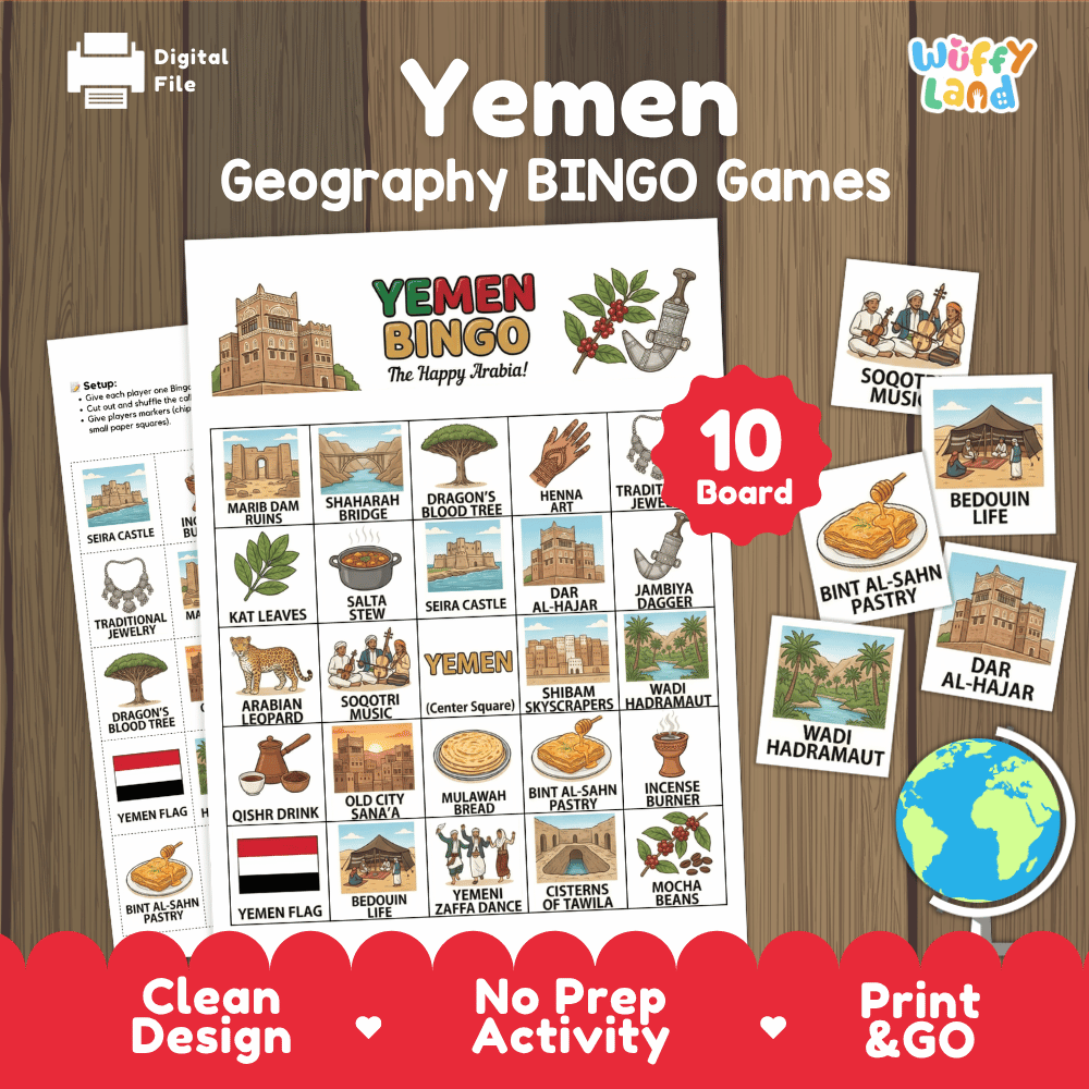 Yemen Geography BINGO Game Middle East Country Study Activity Printable Boards