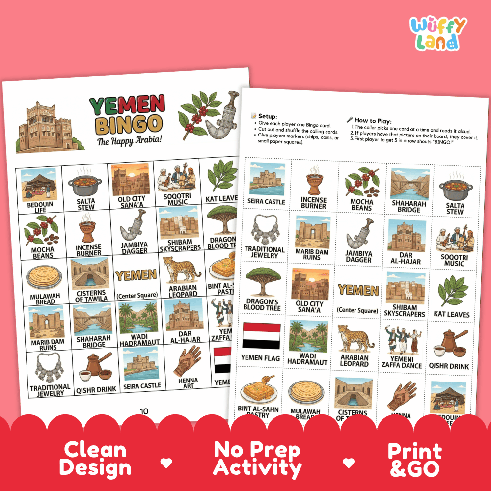Yemen Geography BINGO Game Middle East Country Study Activity Printable Boards