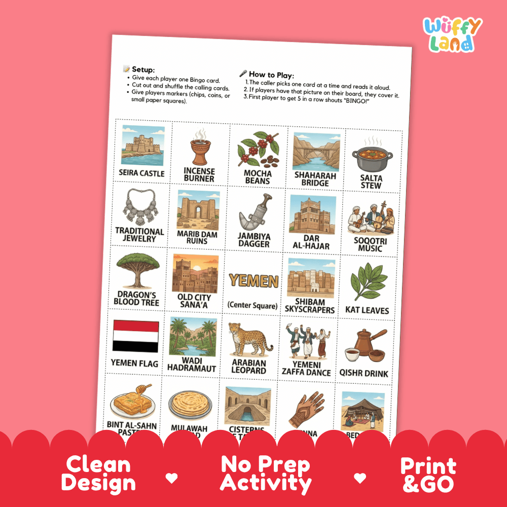Yemen Geography BINGO Game Middle East Country Study Activity Printable Boards