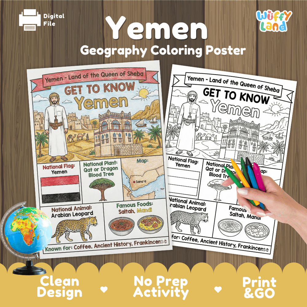 Yemen Geography Coloring Poster and Fact Sheet Printables