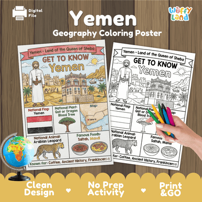 Yemen Geography Coloring Poster and Fact Sheet Printables