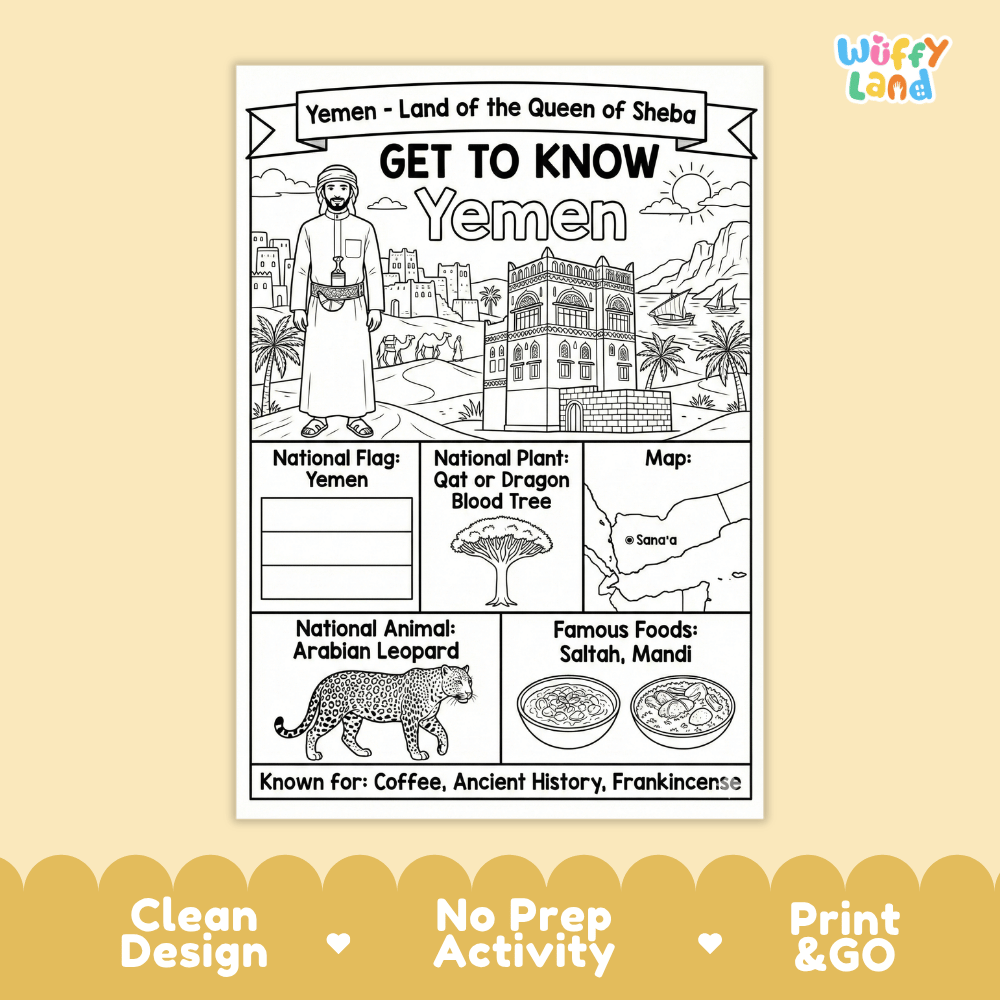 Yemen Geography Coloring Poster and Fact Sheet Printables