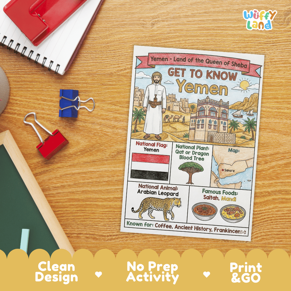 Yemen Geography Coloring Poster and Fact Sheet Printables