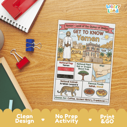 Yemen Geography Coloring Poster and Fact Sheet Printables