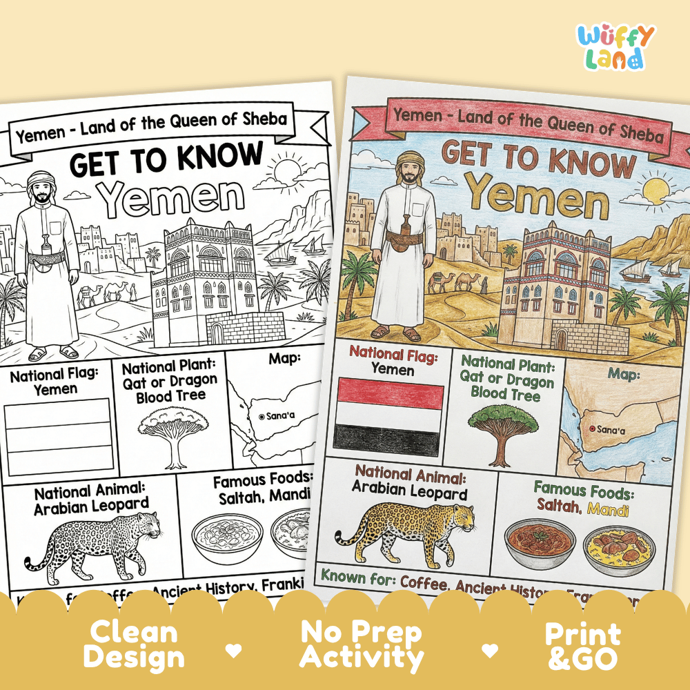Yemen Geography Coloring Poster and Fact Sheet Printables