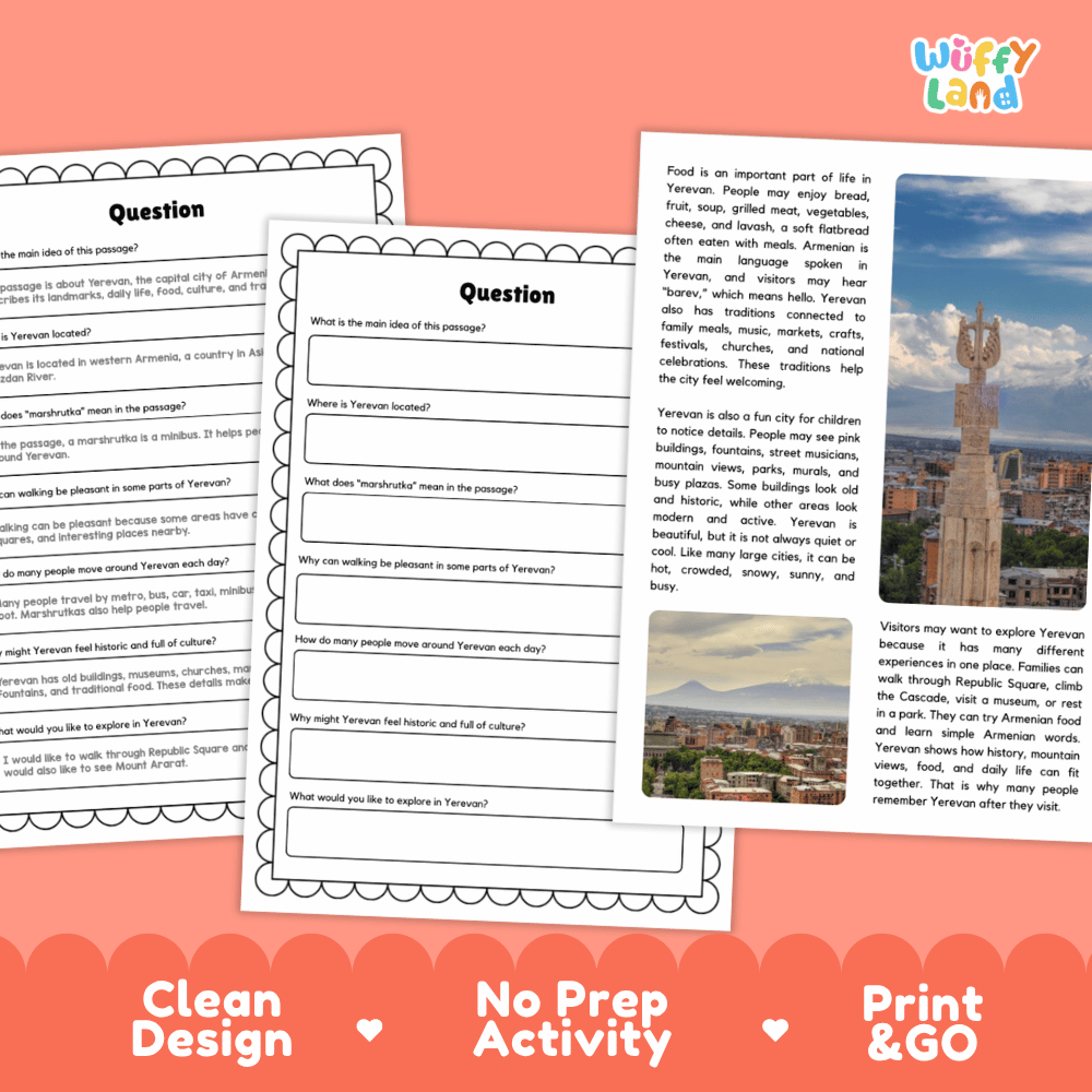 Student reading passage titled A City Near Mount Ararat detailing Yerevan Armenia Republic Square Cascade Hrazdan River and city photography