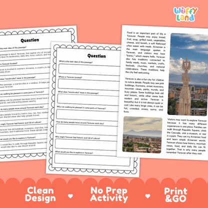 Student reading passage titled A City Near Mount Ararat detailing Yerevan Armenia Republic Square Cascade Hrazdan River and city photography