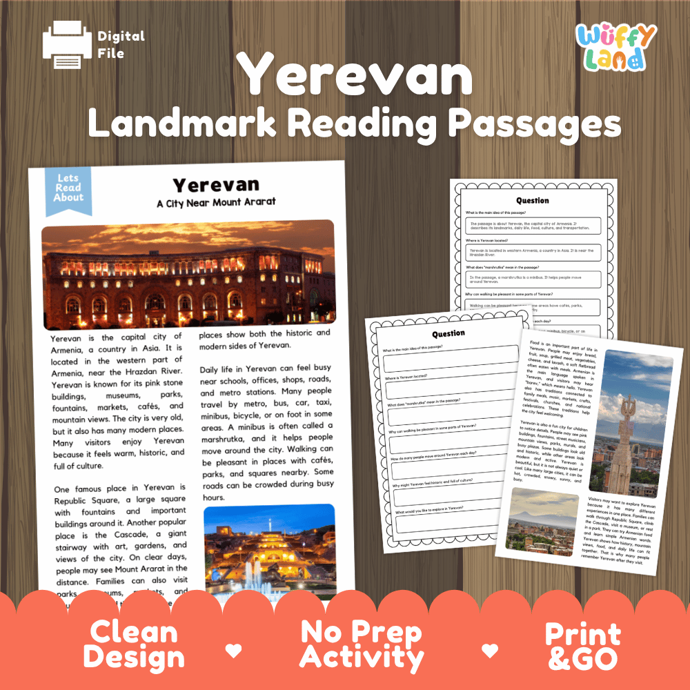 Yerevan landmark reading passage and comprehension worksheet educational unit featuring nonfiction text and authentic Republic Square Armenia photography