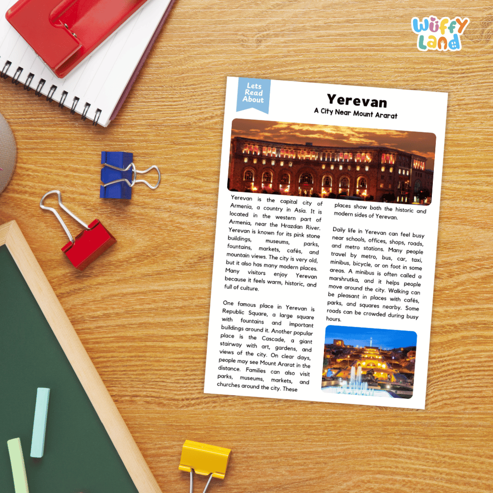 Lined reading comprehension question worksheet covering main ideas vocabulary terms and landmark facts about Yerevan Armenia