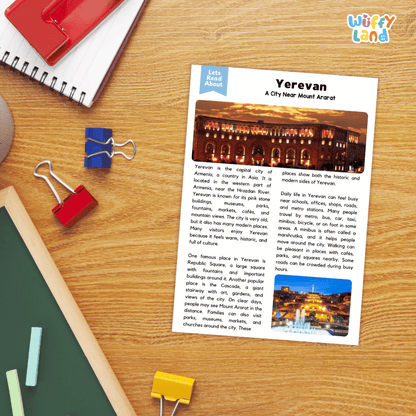 Lined reading comprehension question worksheet covering main ideas vocabulary terms and landmark facts about Yerevan Armenia