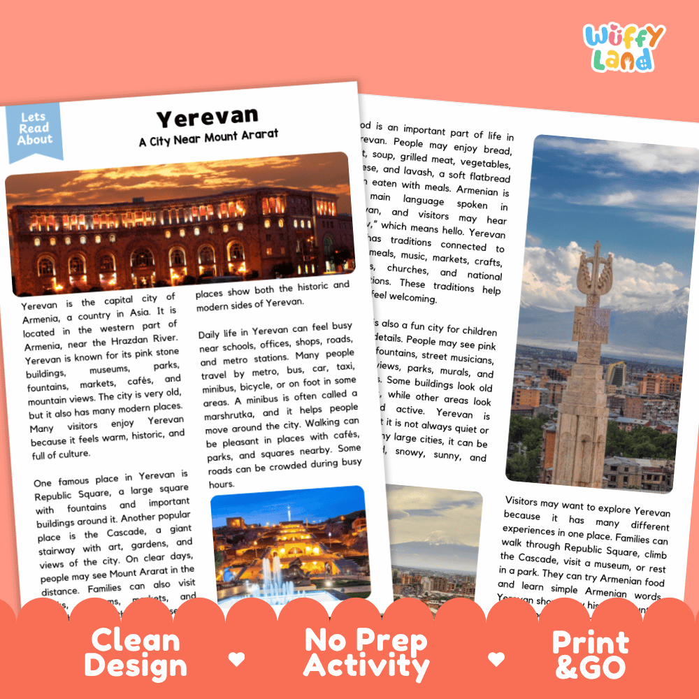 Reference sheet and answer key for Yerevan landmark reading passage displaying completed comprehension answers and Caucasus mountain geography facts