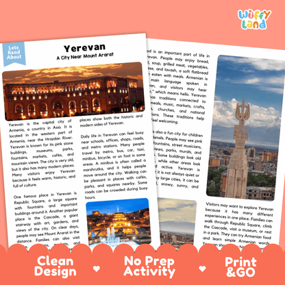 Reference sheet and answer key for Yerevan landmark reading passage displaying completed comprehension answers and Caucasus mountain geography facts