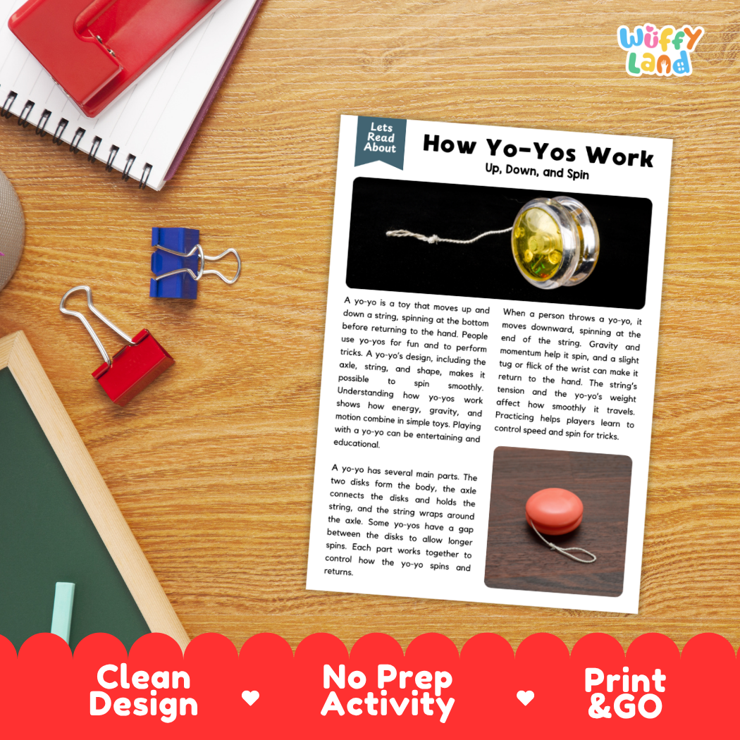 Printable student worksheet with short-answer reading comprehension questions covering yo-yos and physics