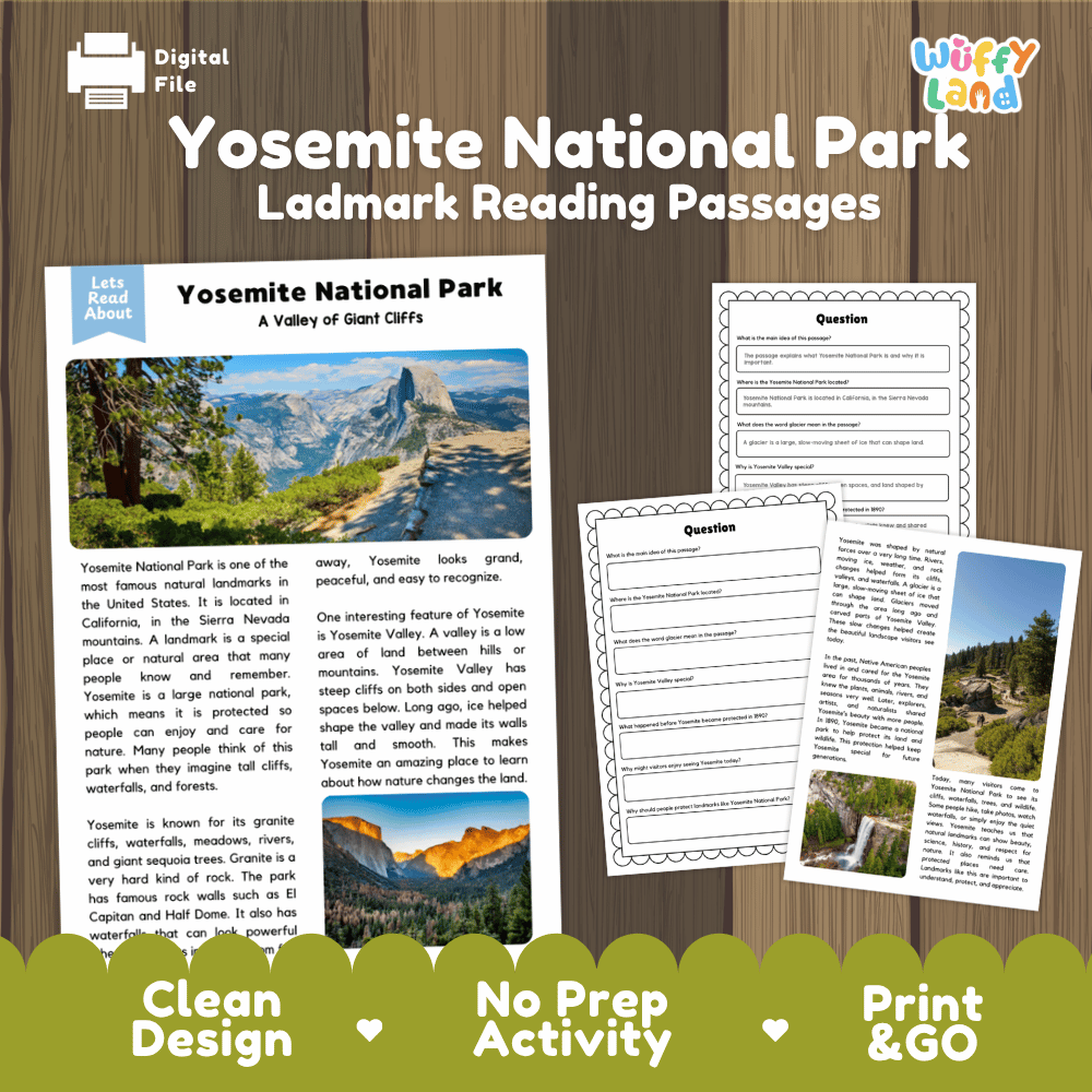 Yosemite National Park Landmark Reading Passages and Comprehension Worksheets