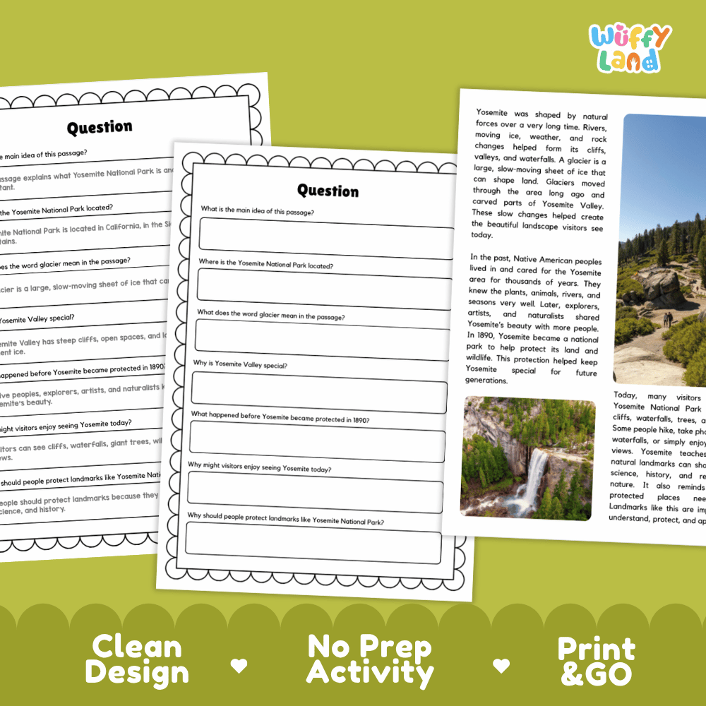Yosemite National Park Landmark Reading Passages and Comprehension Worksheets