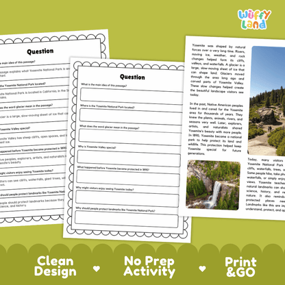 Yosemite National Park Landmark Reading Passages and Comprehension Worksheets