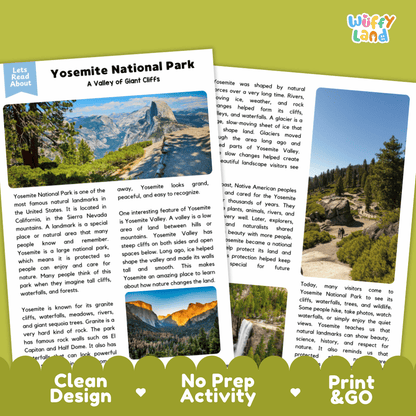Yosemite National Park Landmark Reading Passages and Comprehension Worksheets
