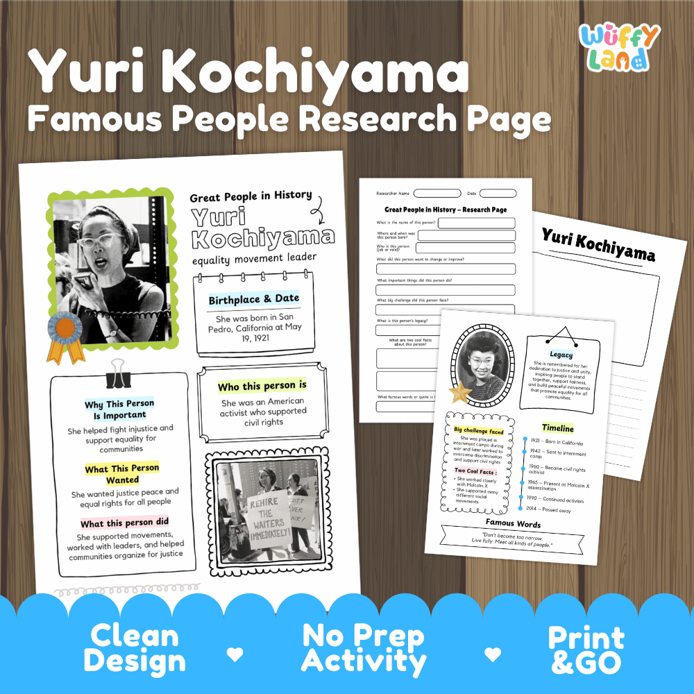 Yuri Kochiyama biography research worksheets pack featuring graphic organizers, timeline activity, and student writing template