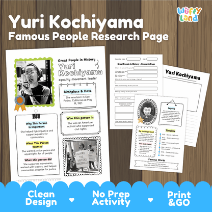 Yuri Kochiyama biography research worksheets pack featuring graphic organizers, timeline activity, and student writing template
