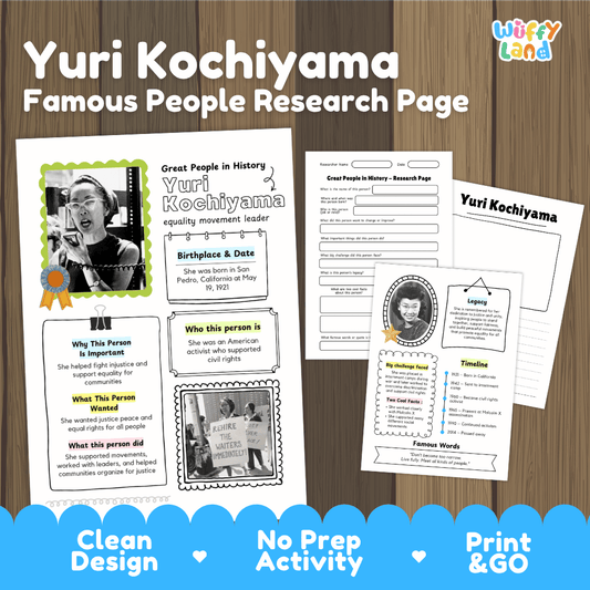 Yuri Kochiyama biography research worksheets pack featuring graphic organizers, timeline activity, and student writing template
