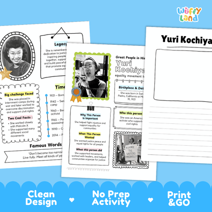Great People in History student fact profile card detailing Yuri Kochiyama's birthplace, civil rights advocacy, and achievements