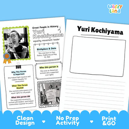 Educational biography summary worksheet featuring a chronological timeline, famous quote, and lined student writing page