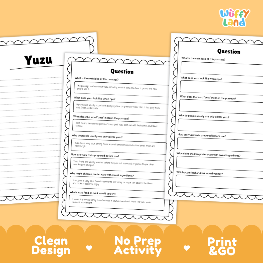 Informational reading passage page detailing yuzu citrus fruit tree growth bumpy yellow peel harvesting and culinary uses with photos