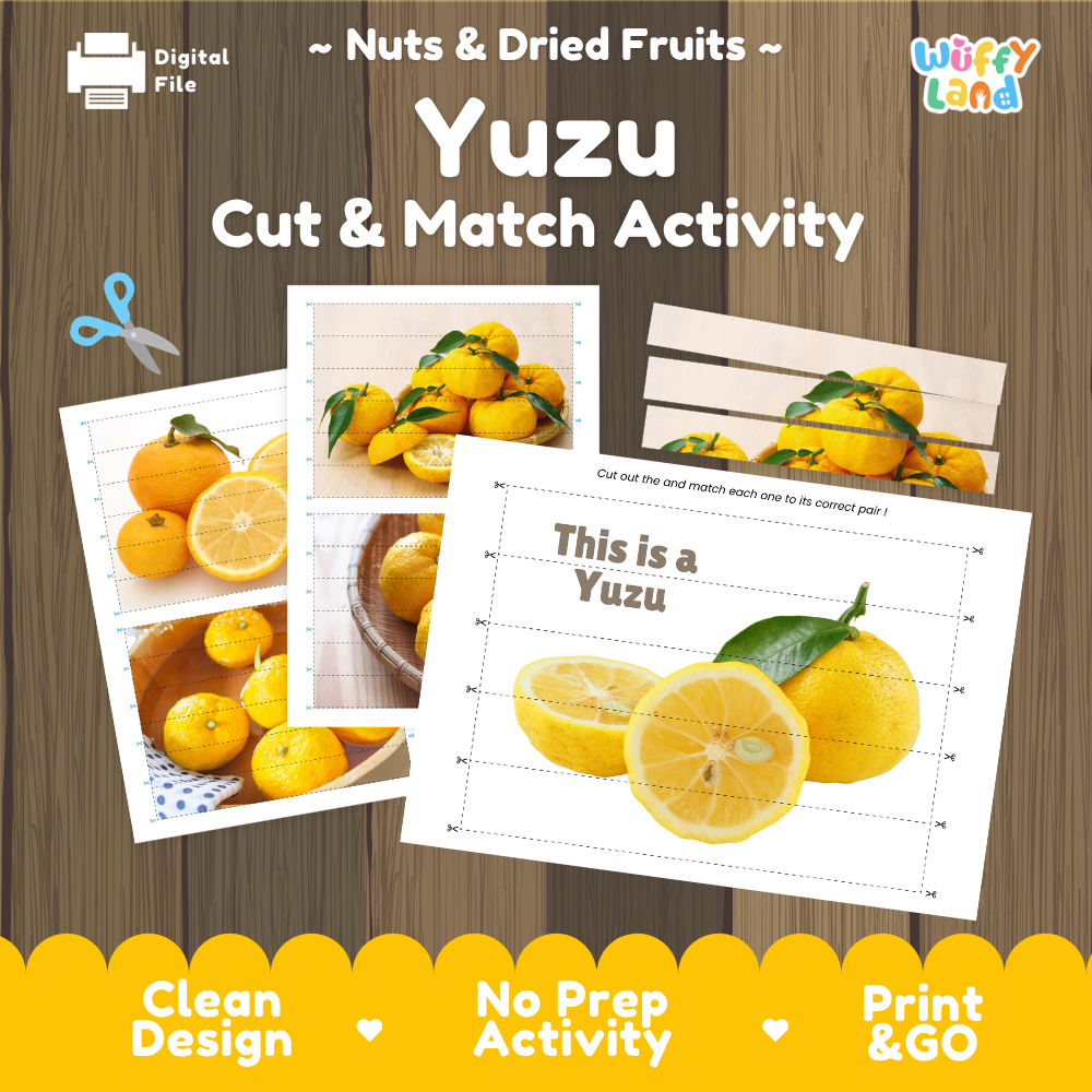 Yuzu cut and match activity cover showing printable fine motor puzzle sheets and citrus photographs