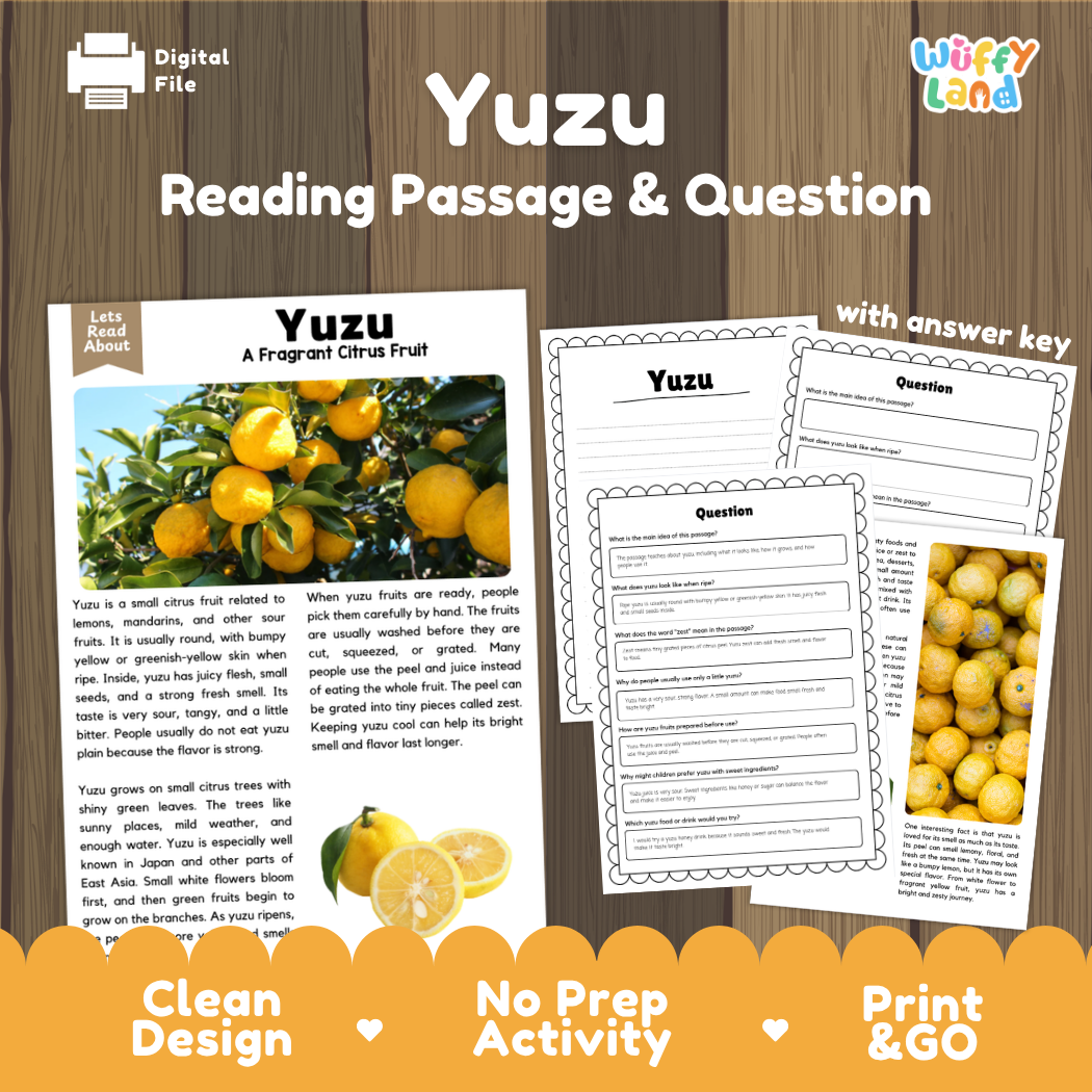 Yuzu reading comprehension passage and questions printable activity pack with answer key for elementary students
