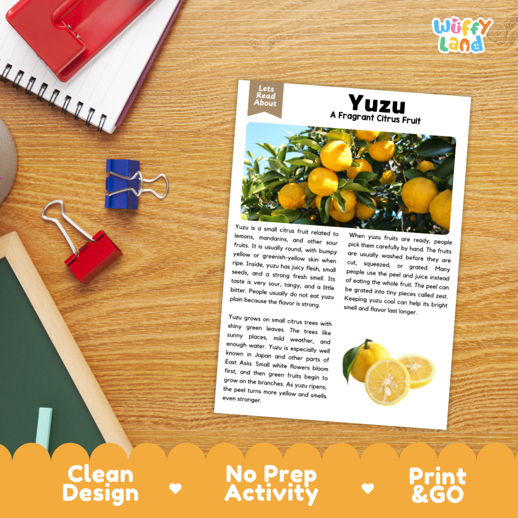 Student reading comprehension worksheet with short-answer questions and lined sections about yuzu citrus fruit
