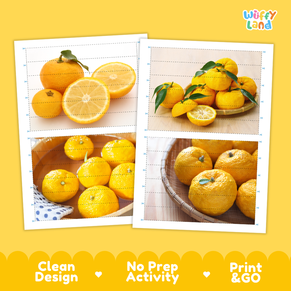 Printable activity sheets featuring photographic yuzu puzzle boards and cutting guides