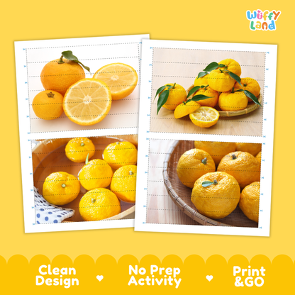 Printable activity sheets featuring photographic yuzu puzzle boards and cutting guides