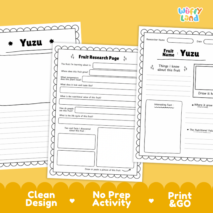 Three printable fruit research worksheet pages are shown on a yellow background with a yellow banner at the bottom reading 'Clean Design', 'No Prep Activity', and 'Print & GO'. The worksheets feature black text and line art on white paper, with one page titled 'Yuzu'.