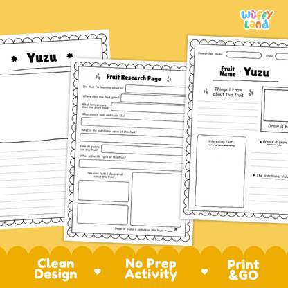 Three printable fruit research worksheet pages are shown on a yellow background with a yellow banner at the bottom reading 'Clean Design', 'No Prep Activity', and 'Print & GO'. The worksheets feature black text and line art on white paper, with one page titled 'Yuzu'.