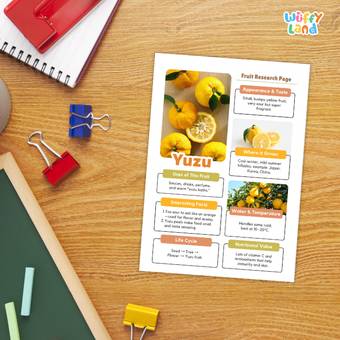 A printed fruit research page about yuzu is laid on a wooden desk, surrounded by school supplies including a spiral notebook, binder clips, chalk, and a red folder. The page includes photos of yellow citrus fruit and text sections about appearance, flavor, group, uses, and facts.