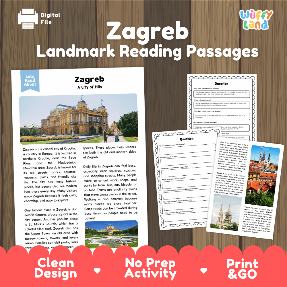 Zagreb landmark reading passage and comprehension worksheet educational unit featuring nonfiction text and authentic Zagreb Croatia city photography