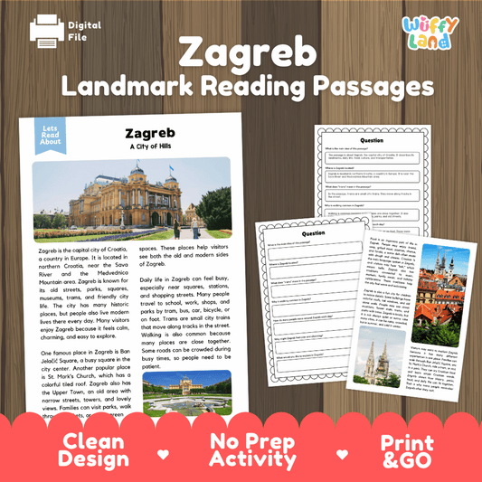 Zagreb landmark reading passage and comprehension worksheet educational unit featuring nonfiction text and authentic Zagreb Croatia city photography