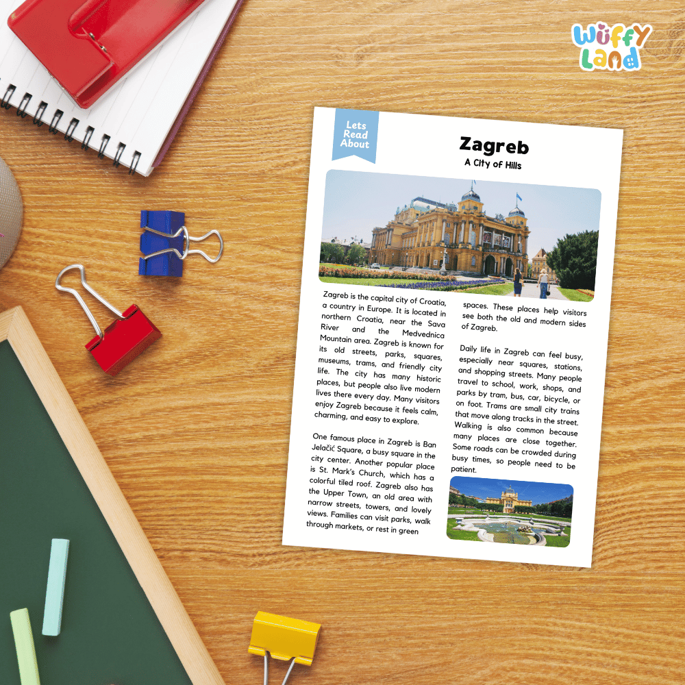 Lined reading comprehension question worksheet covering main ideas vocabulary terms and landmark facts about Zagreb Croatia