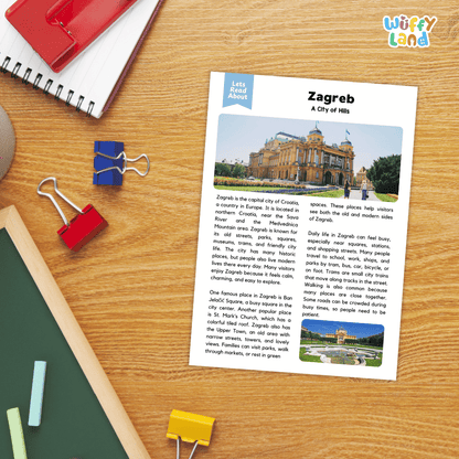 Lined reading comprehension question worksheet covering main ideas vocabulary terms and landmark facts about Zagreb Croatia