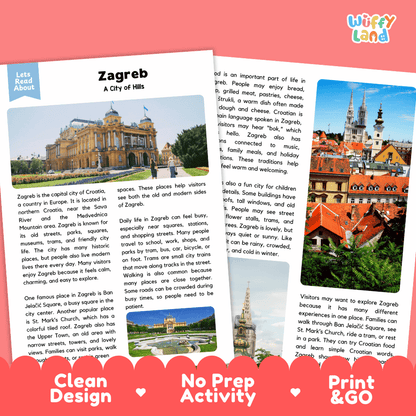 Reference sheet and answer key for Zagreb landmark reading passage displaying completed comprehension answers and Croatian geography facts