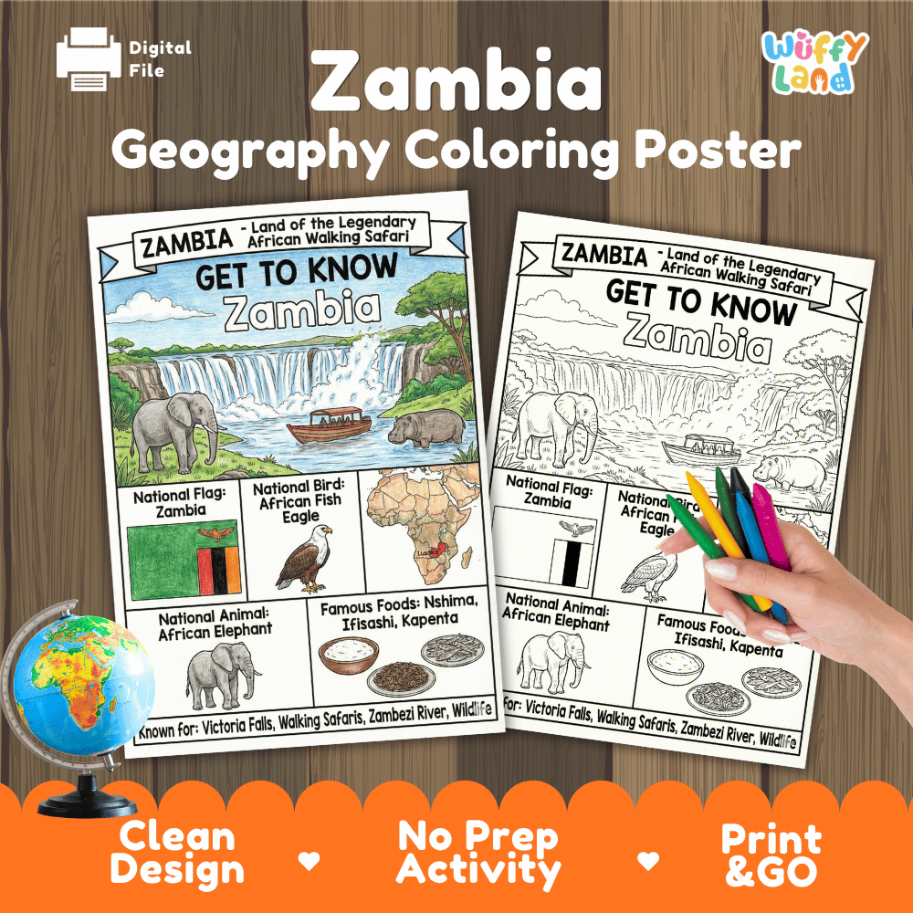 Zambia Geography Coloring Poster and Fact Sheet Printable Worksheets
