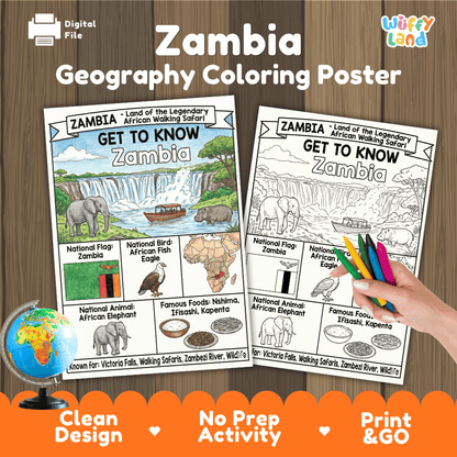 Zambia Geography Coloring Poster and Fact Sheet Printable Worksheets