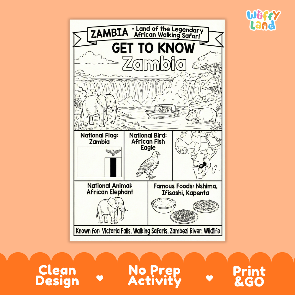 Zambia Geography Coloring Poster and Fact Sheet Printable Worksheets