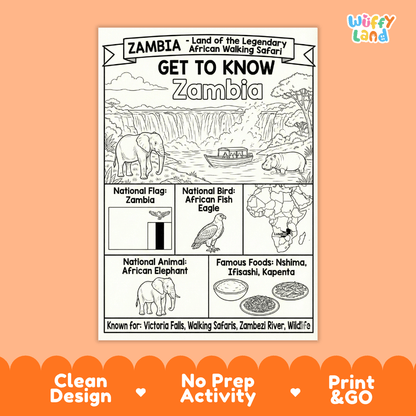 Zambia Geography Coloring Poster and Fact Sheet Printable Worksheets