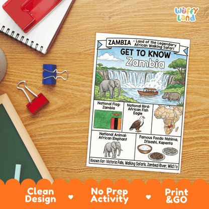 Zambia Geography Coloring Poster and Fact Sheet Printable Worksheets