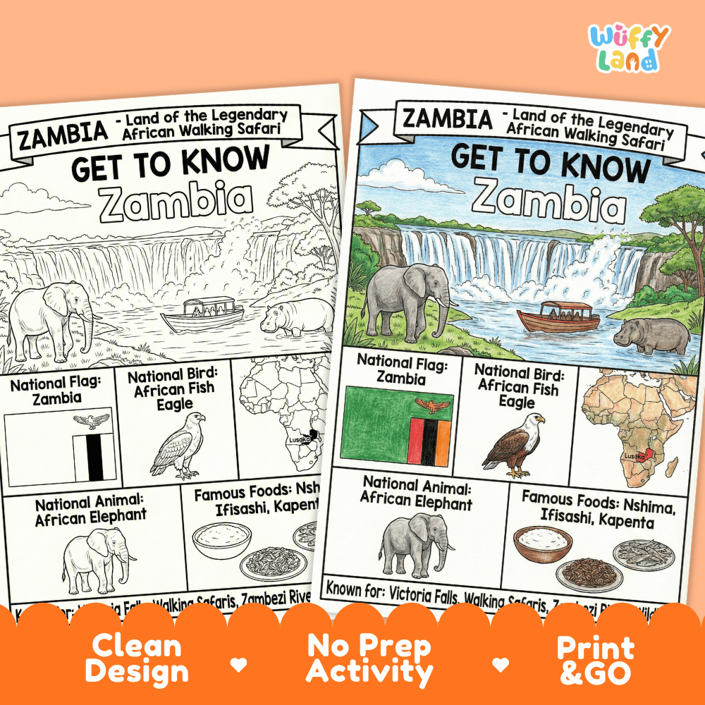 Zambia Geography Coloring Poster and Fact Sheet Printable Worksheets