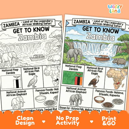 Zambia Geography Coloring Poster and Fact Sheet Printable Worksheets