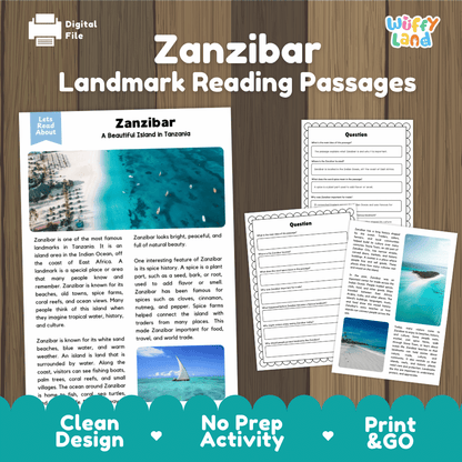 Zanzibar landmark reading passages educational study unit featuring nonfiction reading worksheets and authentic tropical island beach photography