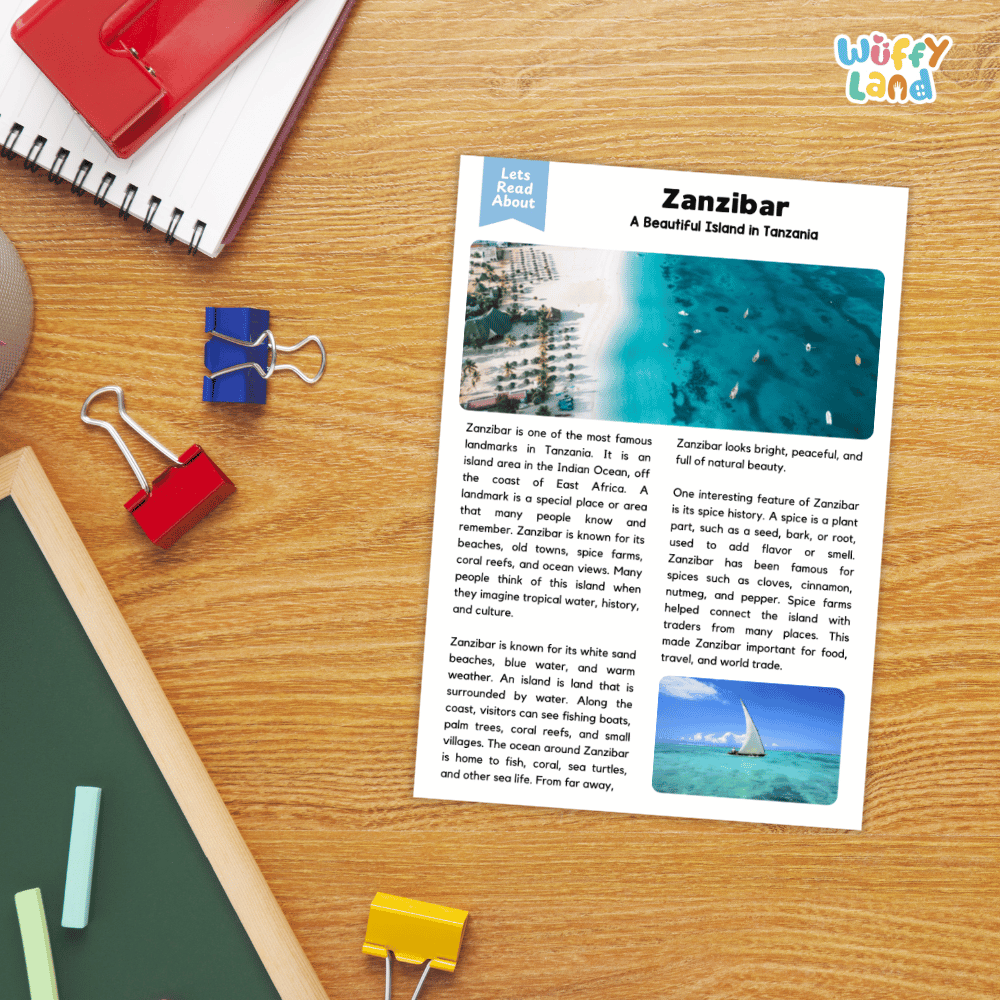 Lined reading comprehension question worksheet covering main ideas vocabulary terms and landmark facts about Zanzibar