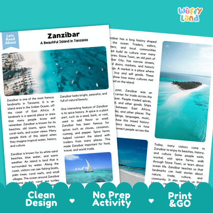 Reference sheet and answer key for Zanzibar landmark reading passage displaying completed comprehension answers and East African geography facts